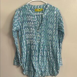 Green and Blue Long Sleeve Pleated Blouse